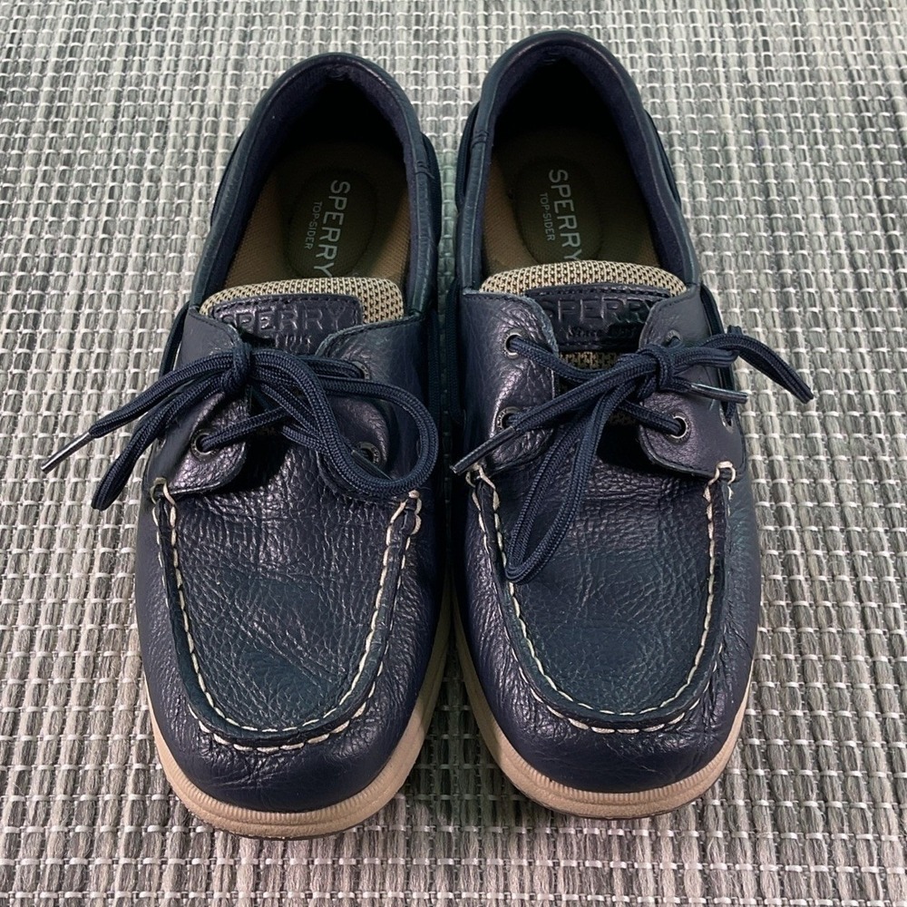 Sperry Womens 7.5M TopSider Navy Blue Beige Leather Boat Shoes STS83691